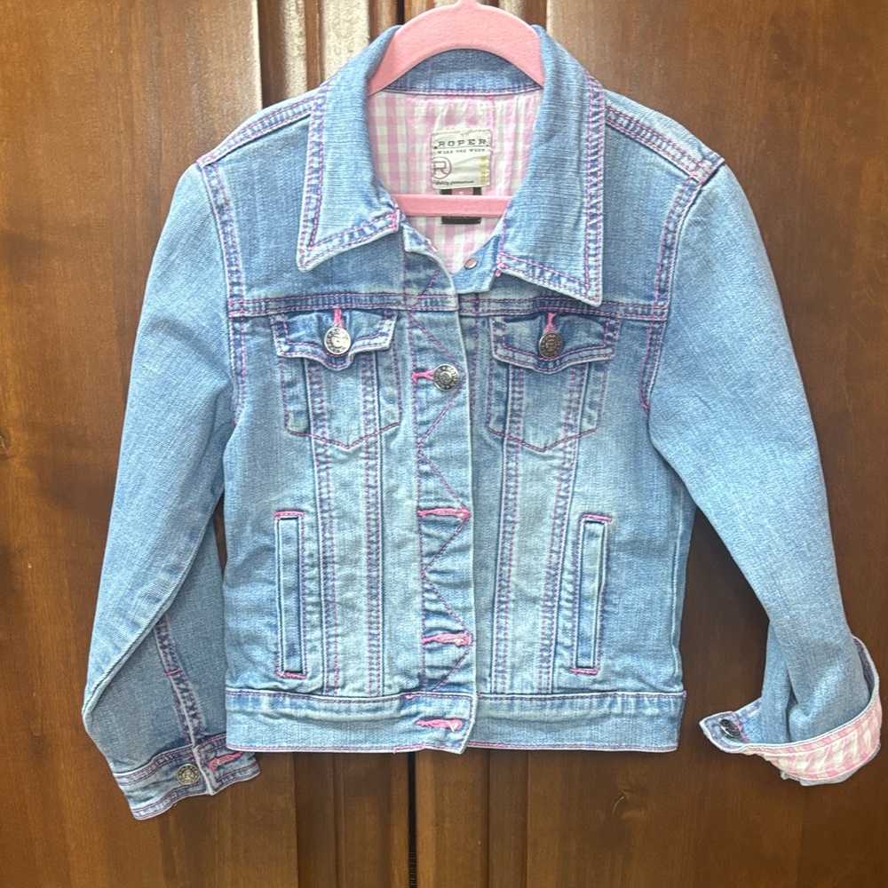 Pink gingham Roper girl’s jean Jacket w/ Pink gingham